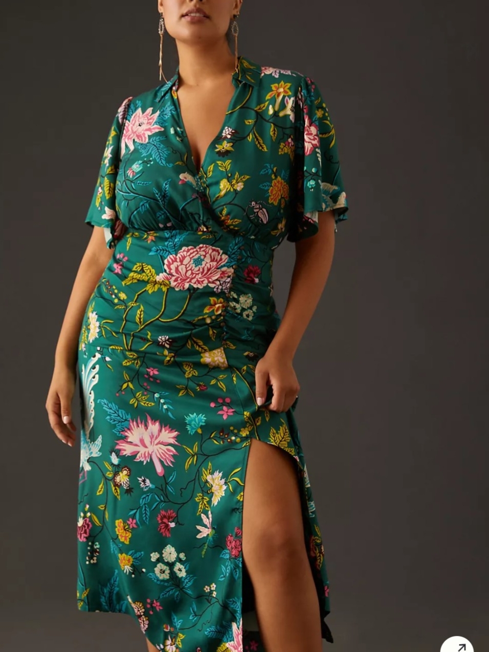 Maeve Anthropologie Button Front Shirt Dress 14 Green Floral Bird V-neck Slit - Picture 8 of 15